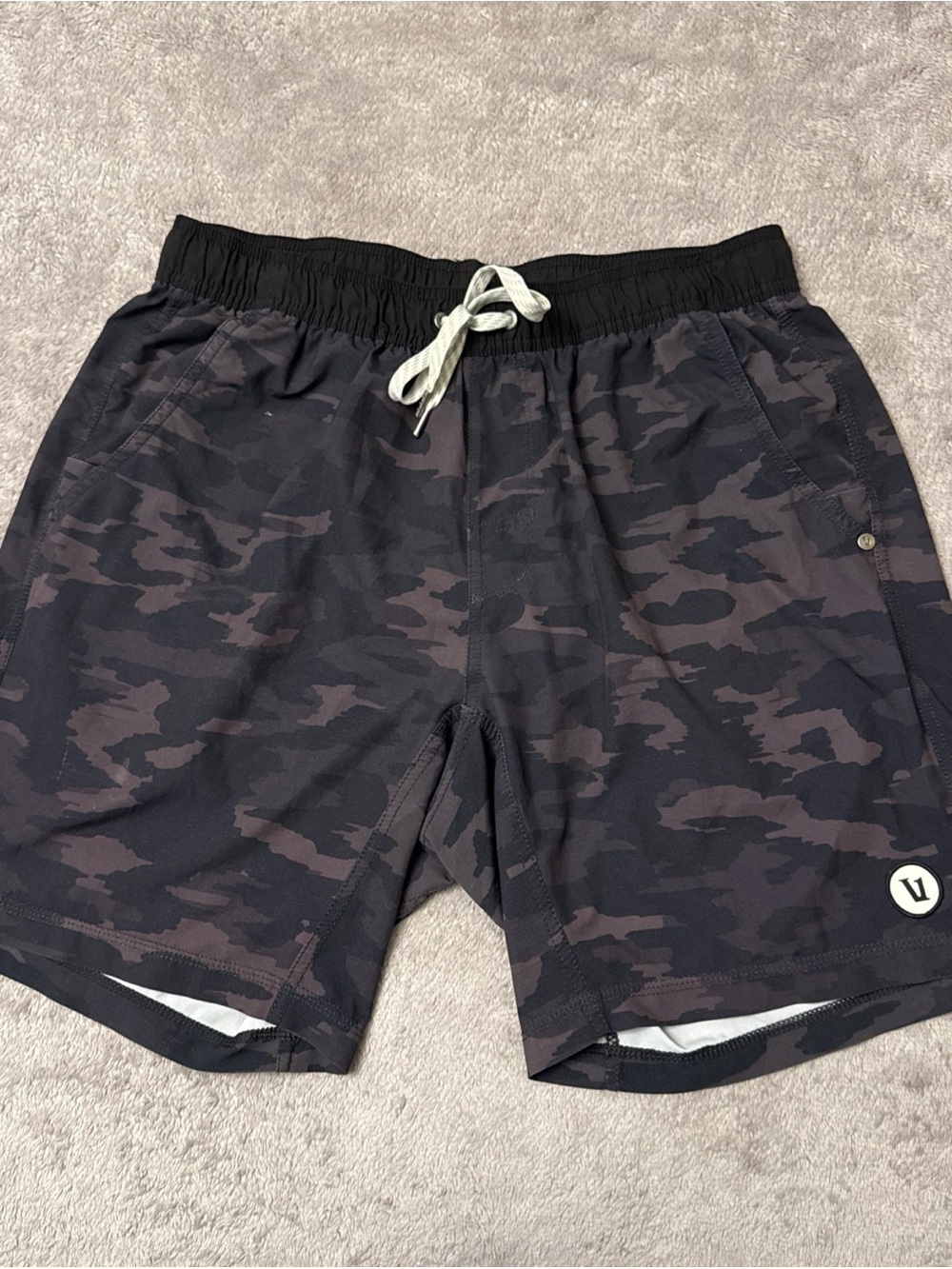 Vuori Men's Black Camo Athletic Shorts with Drawstring, L